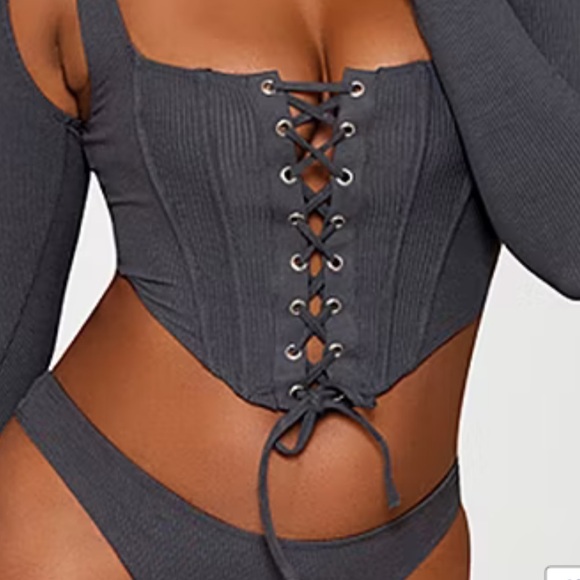 Dream Girl Knit Sleepwear Bustier Thong Shrug Set charcoal size medium - Picture 3 of 9